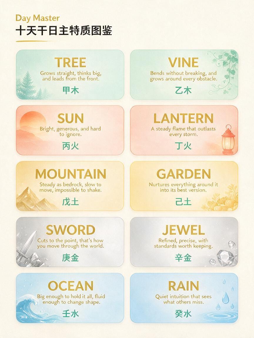 十天干日主特质图鉴 — The 10 Day Masters of BaZi: Jia, Yi, Bing, Ding, Wu, Ji, Geng, Xin, Ren, Gui